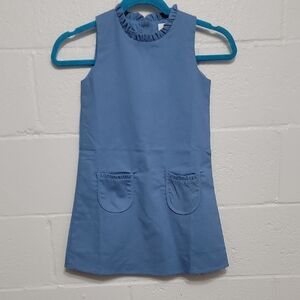 Blue Linen Blend Ruffle Neck Pocket Casual Girls Dress By Southern Smocked Co